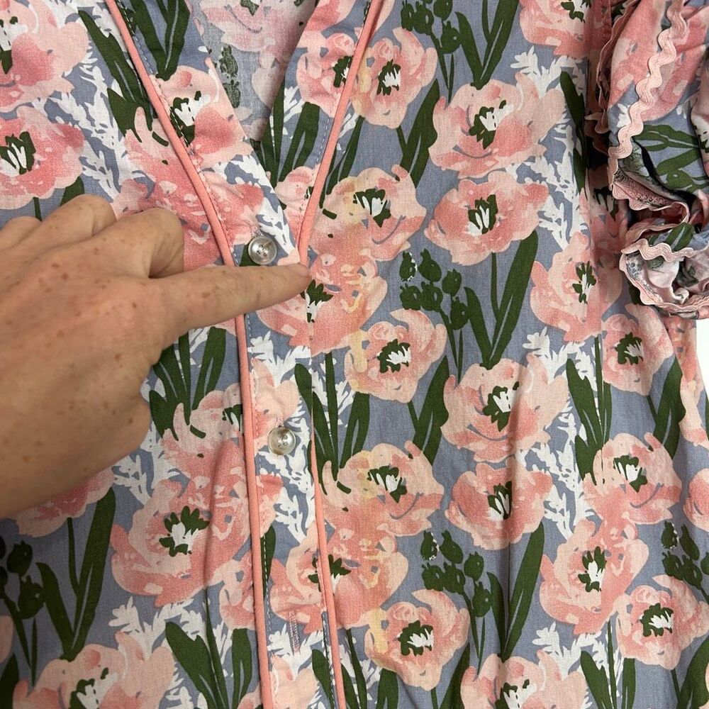 Jodifl Mini Dress Women Medium Pink Green Blue Floral Ric Rac Ruffle Button Down - Picture 9 of 16